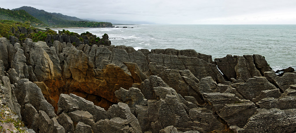 Panorama of Pancake Rocks at Punakaiki, New Zealand