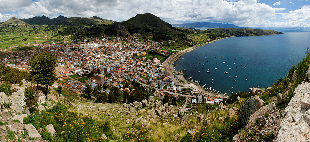 Panorama of COpacabana and Lake Titicaca from Cerro Calvario