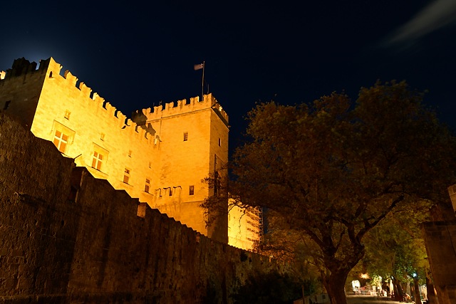 Palace of the Grand Master of the Knights of Rhodes at night, Greece