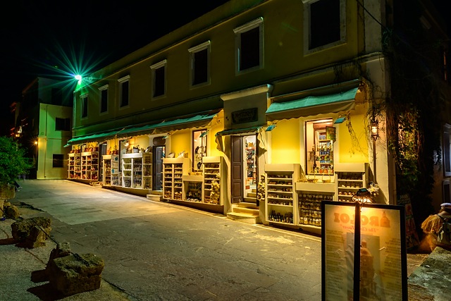 night scene of shops in Rhodes, Greece