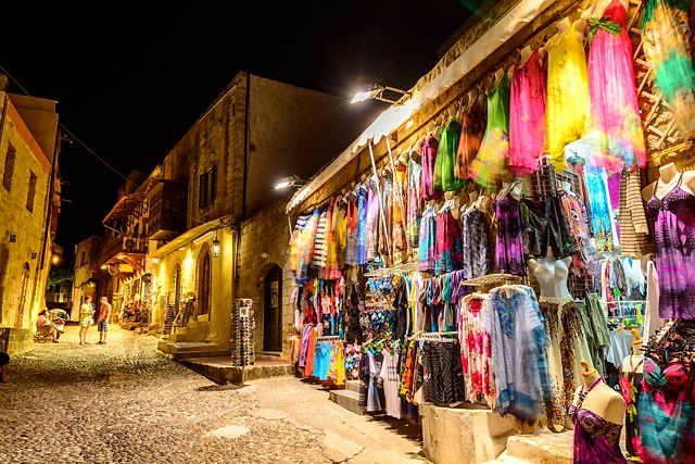 night scene of shops in Rhodes, Greece