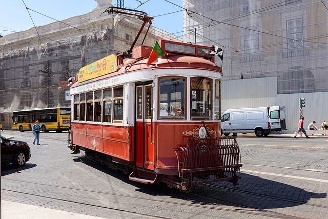 historic tram at Praça do Comércio, Lisbon, Portugal